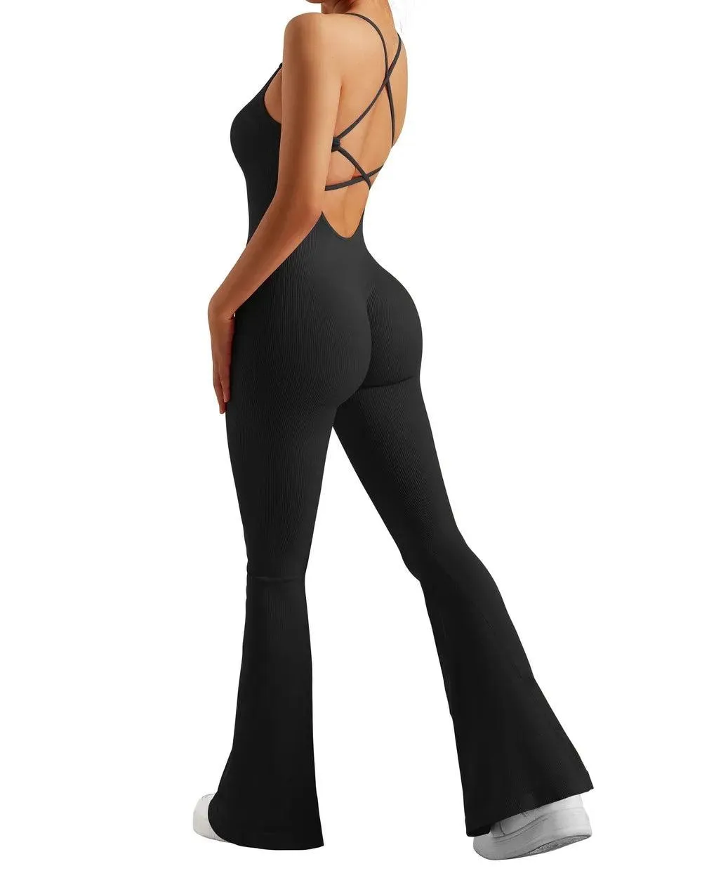 Ribbed Strappy Flare Jumpsuit