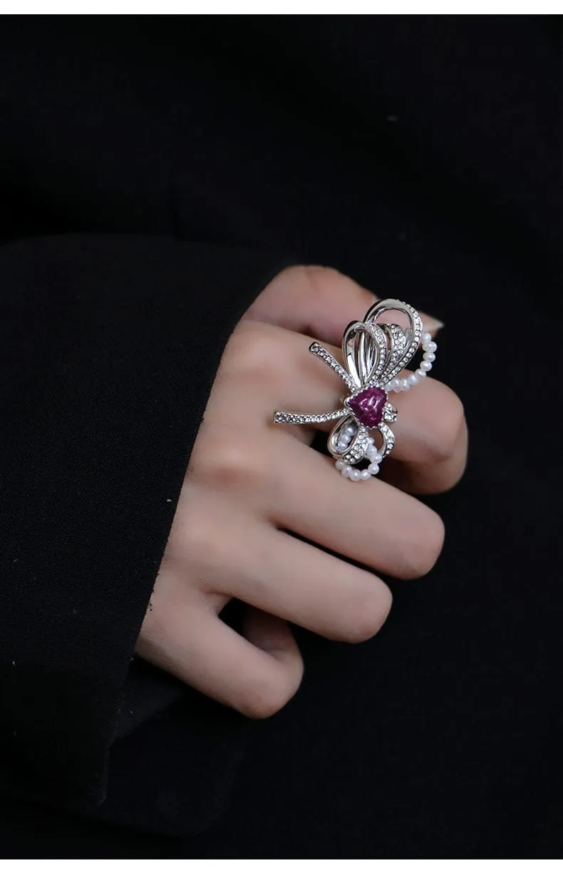 Sahi Love Heart Enamel Bow Adjustable Ring