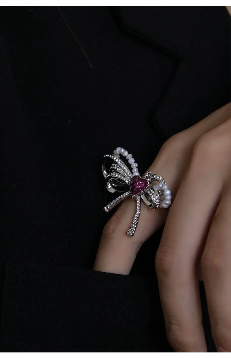 Sahi Love Heart Enamel Bow Adjustable Ring