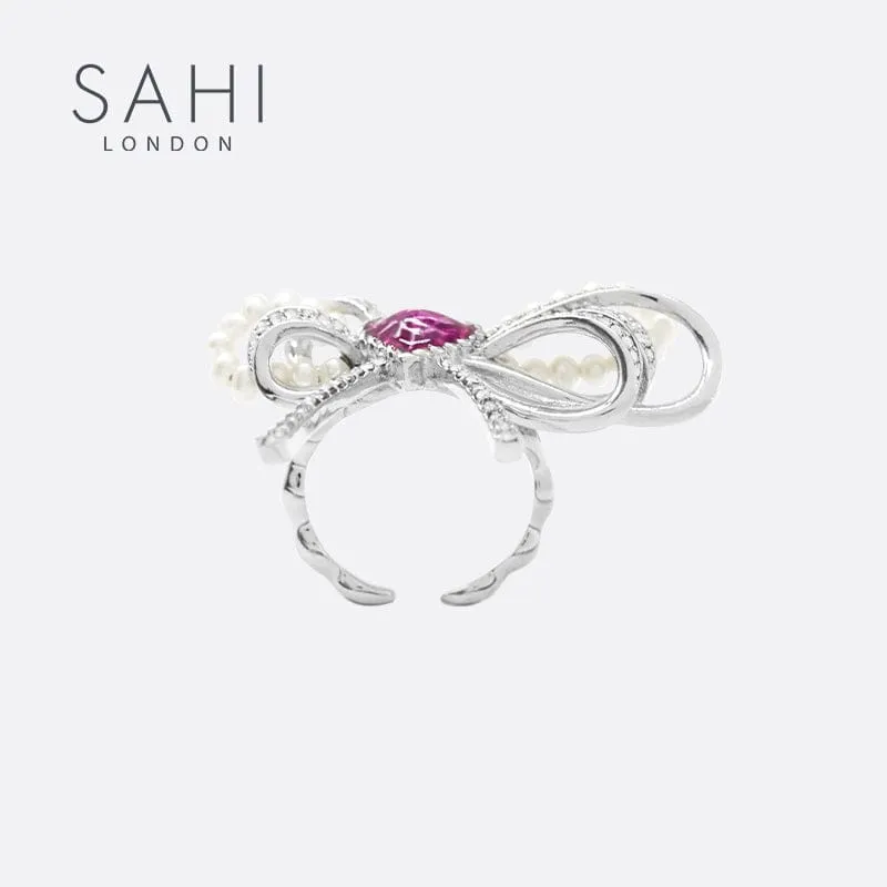Sahi Love Heart Enamel Bow Adjustable Ring