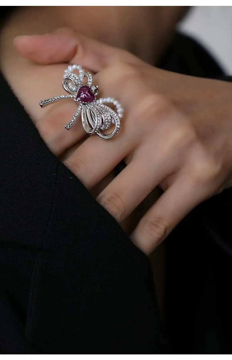Sahi Love Heart Enamel Bow Adjustable Ring
