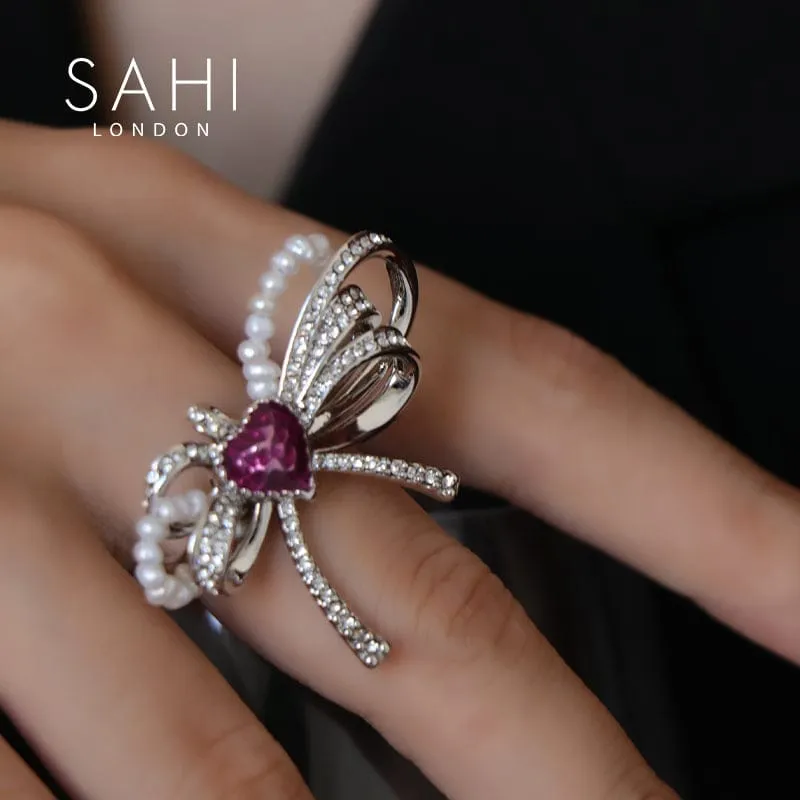 Sahi Love Heart Enamel Bow Adjustable Ring