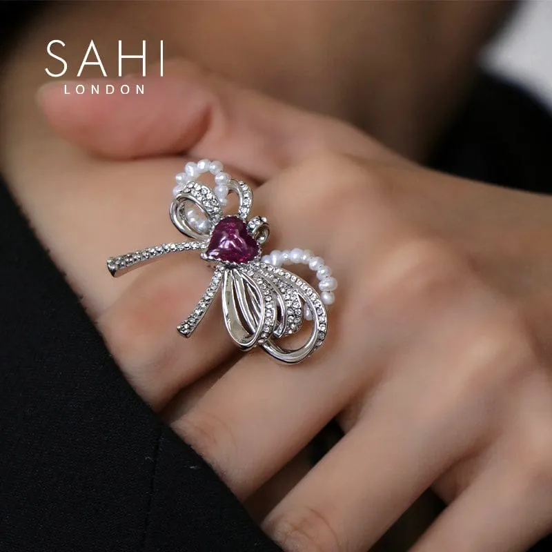 Sahi Love Heart Enamel Bow Adjustable Ring