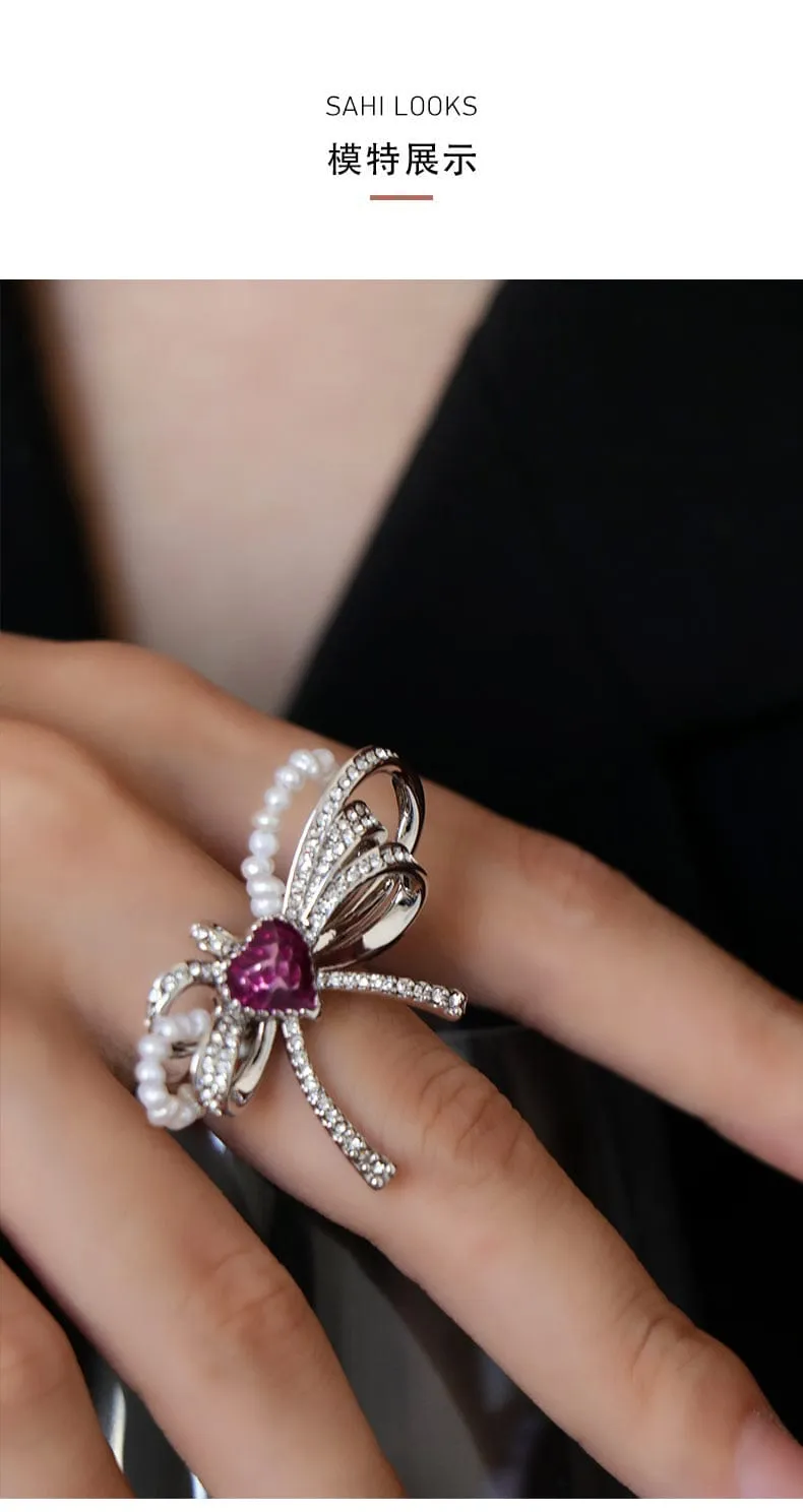 Sahi Love Heart Enamel Bow Adjustable Ring