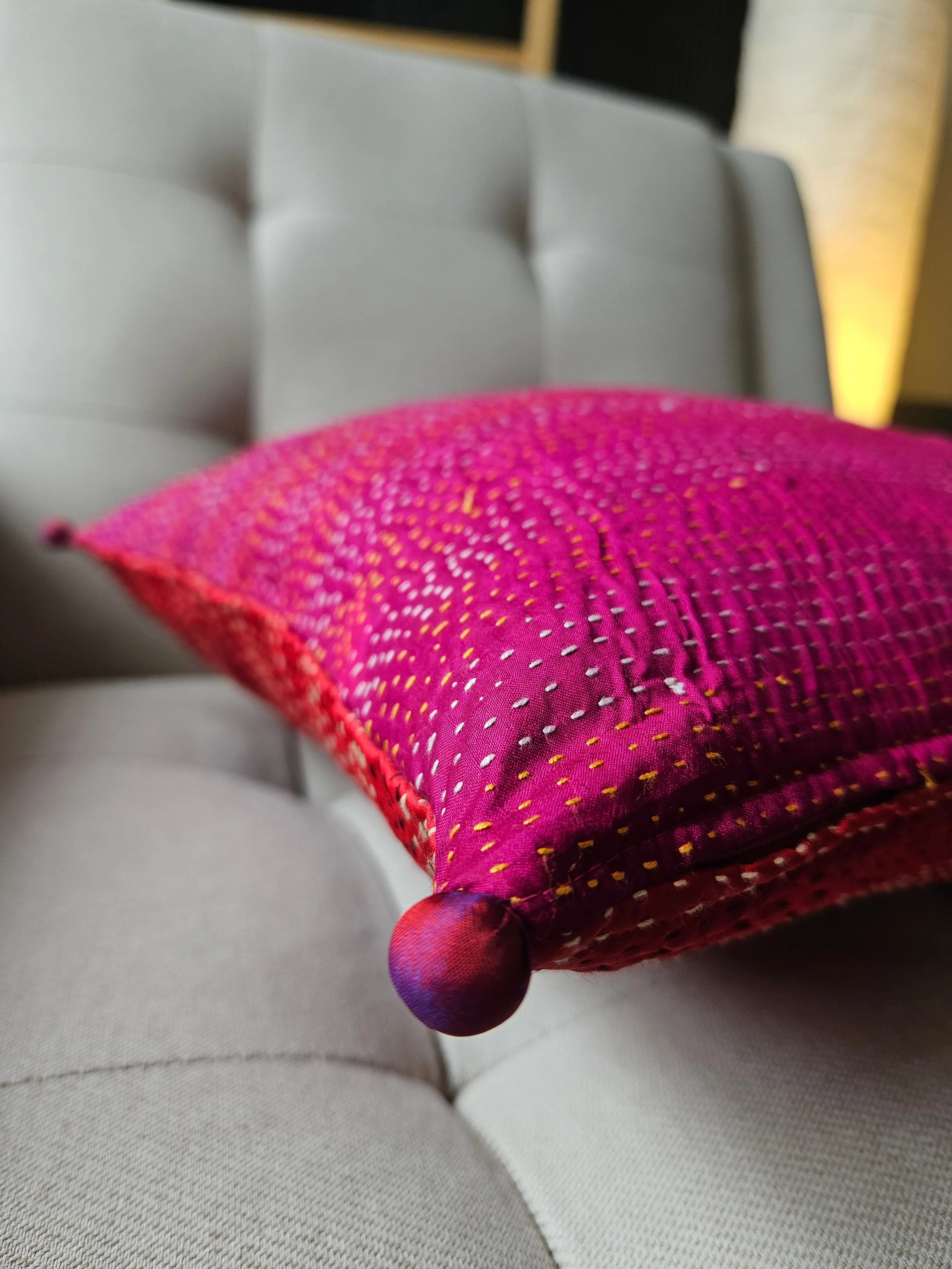 Set of 2, Red & Rani Pink Vintage Sari Kantha Patchwork Cushion Cover, 40 x 40 cm