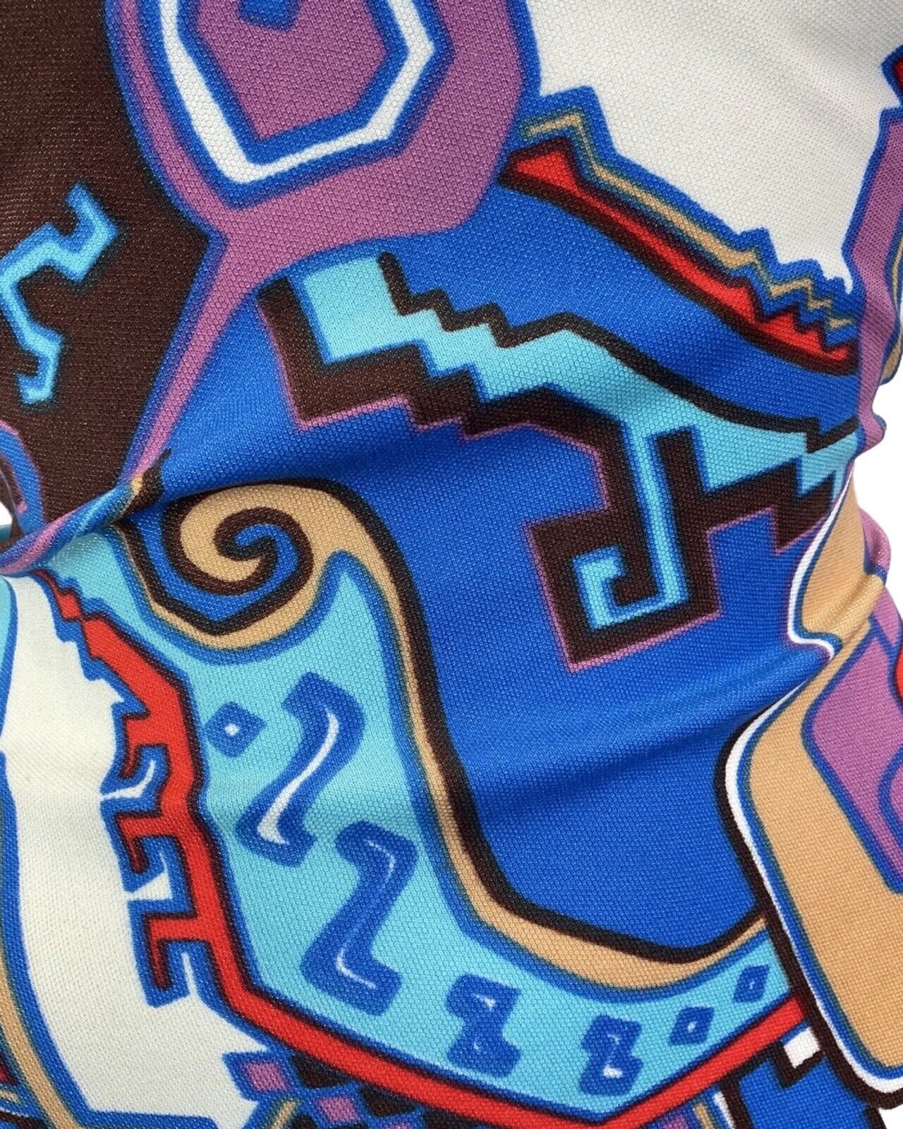 VINTAGE 60s 70s BLUE BROWN WHITE AZTEC GEOMETRIC STRAPPY SWIMSUIT 14